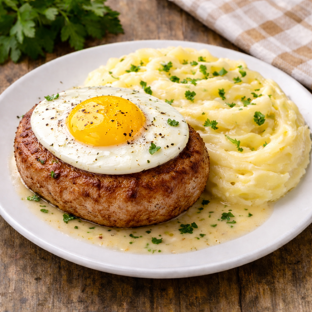 Бифштекс свиной  с яйцом и пюре