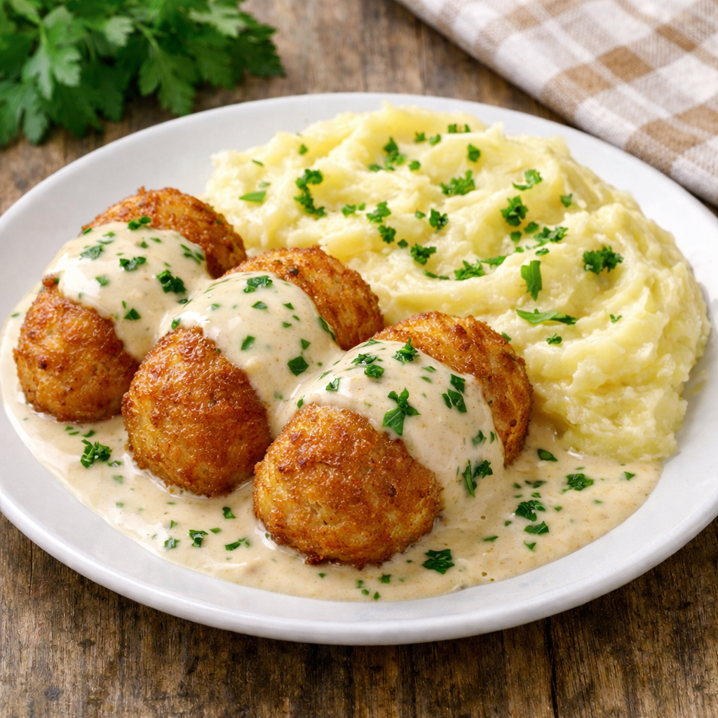 Крокеты куриные в соусе с пюре