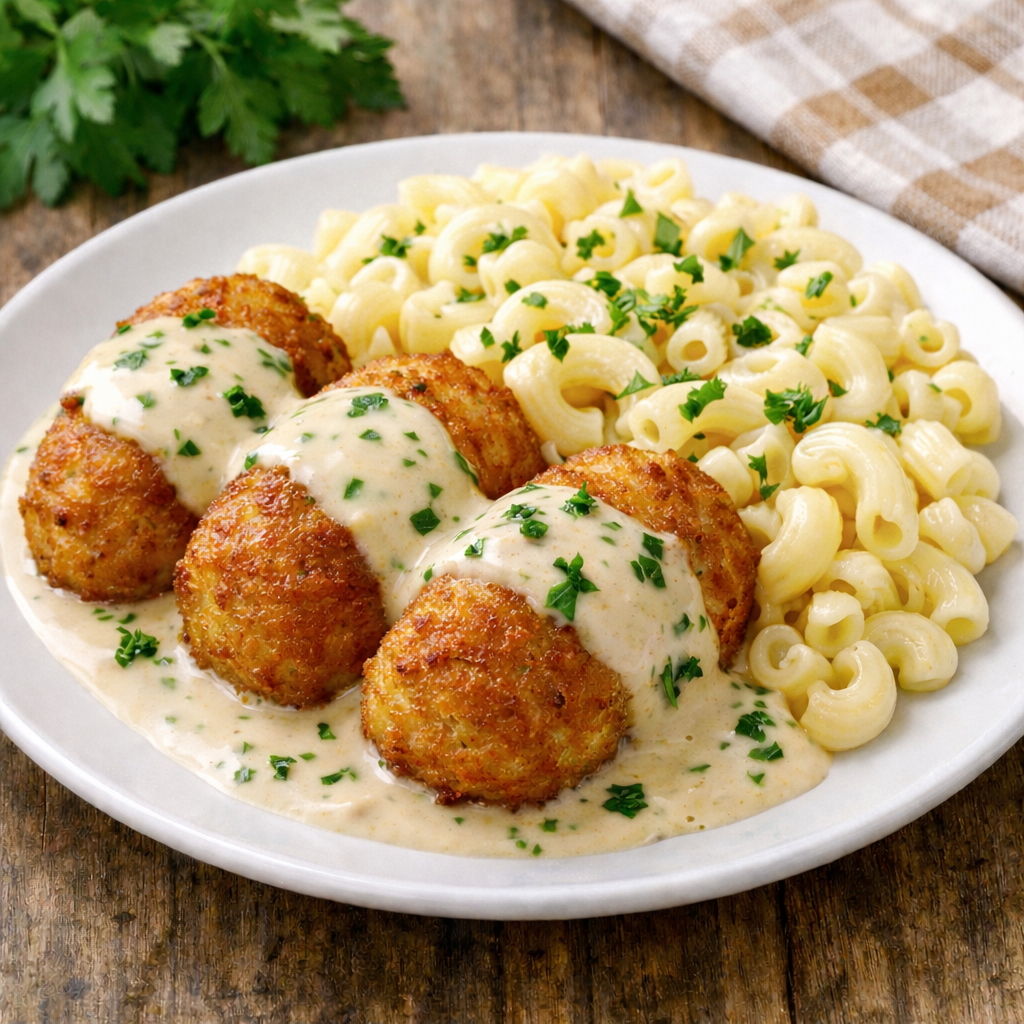 Крокеты куриные в соусе с макаронами